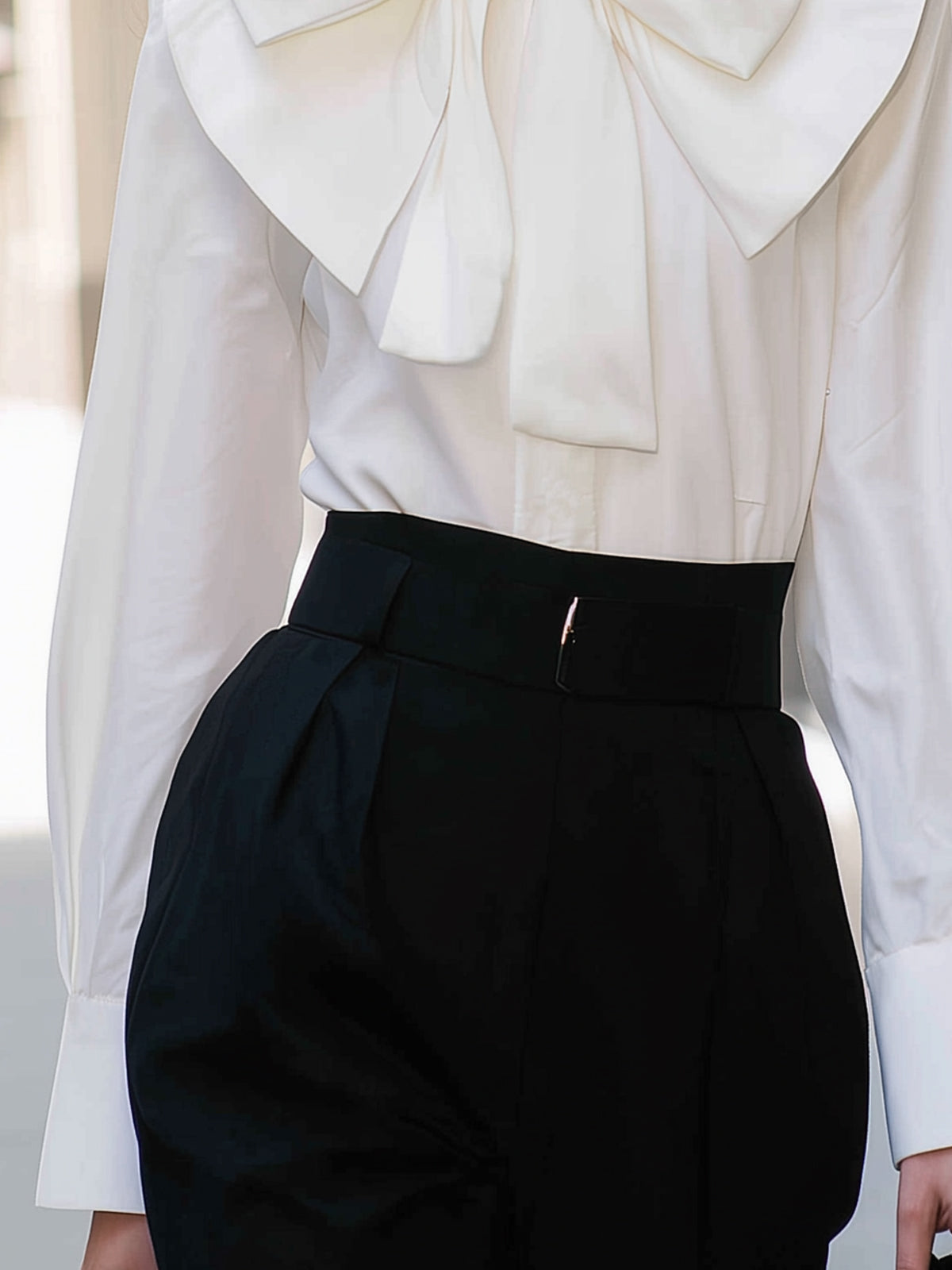Chic Vintage White Shirt - Large Bow Tie & Stand-up Collar