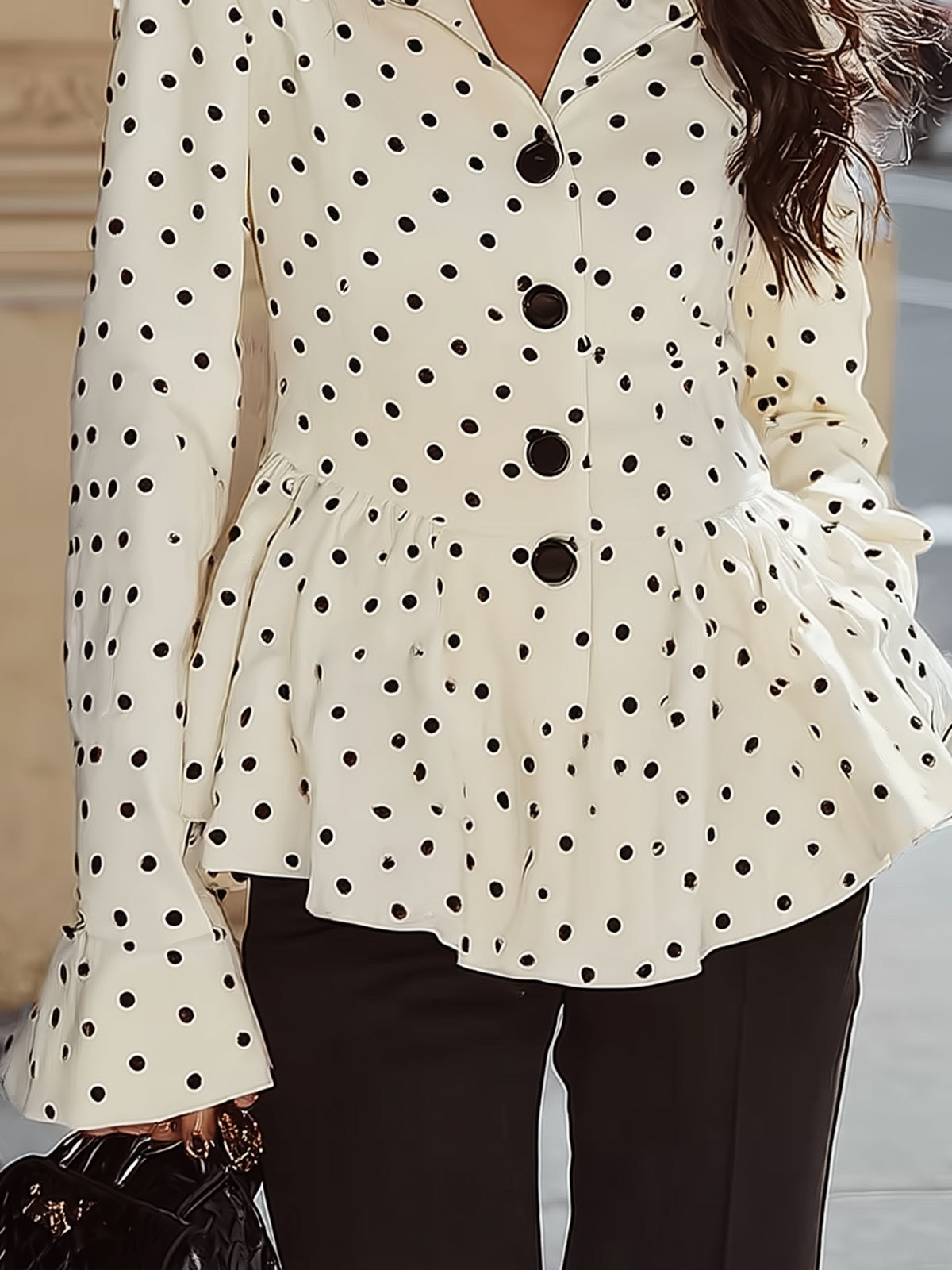 French Vintage Polka Dot Top - Ruffled Hem & Fitted Waist