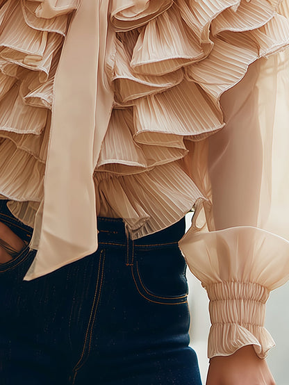 Beige Ruffle Chiffon Blouse - Chic V-Neck Design