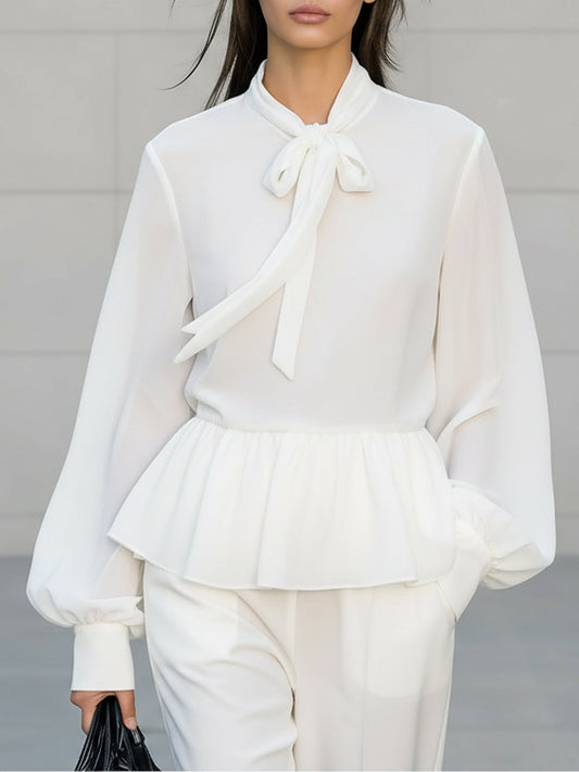 Chic White Chiffon Blouse with Stand Collar & Ruffle Details