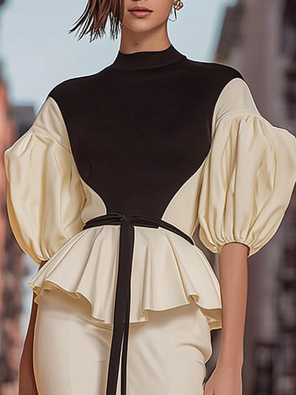 Contrast Mock Neck Blouse with Stylish Peplum Hem