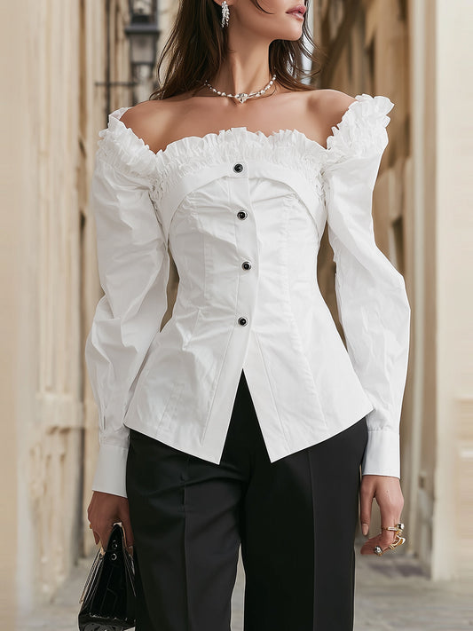 Elegant White Off-Shoulder Blouse with Layered Ruffle Trim