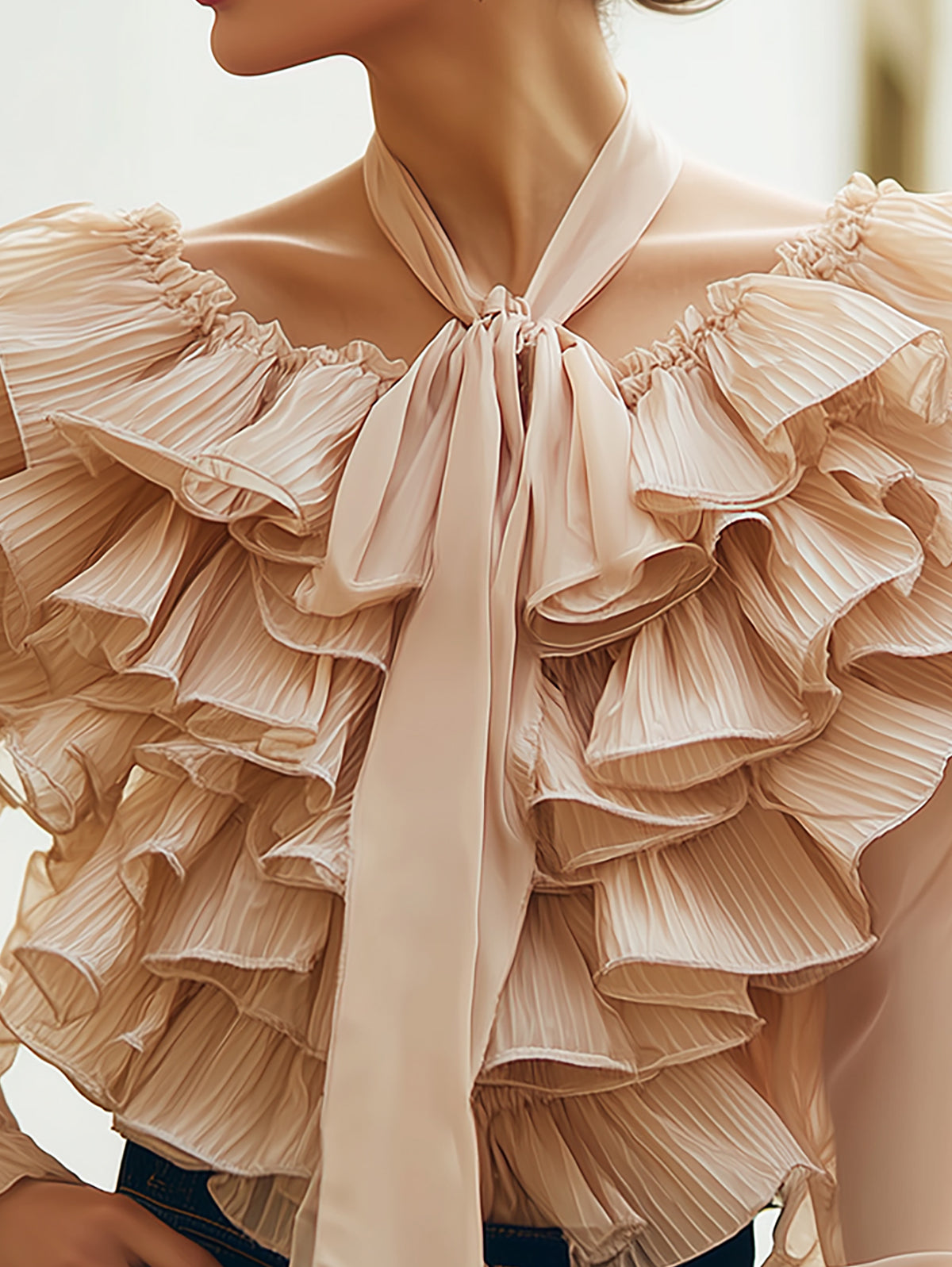 Beige Ruffle Chiffon Blouse - Chic V-Neck Design