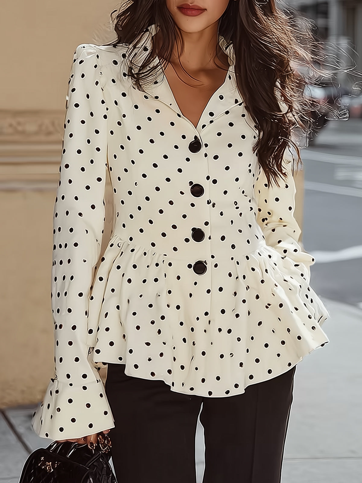 French Vintage Polka Dot Top - Ruffled Hem & Fitted Waist