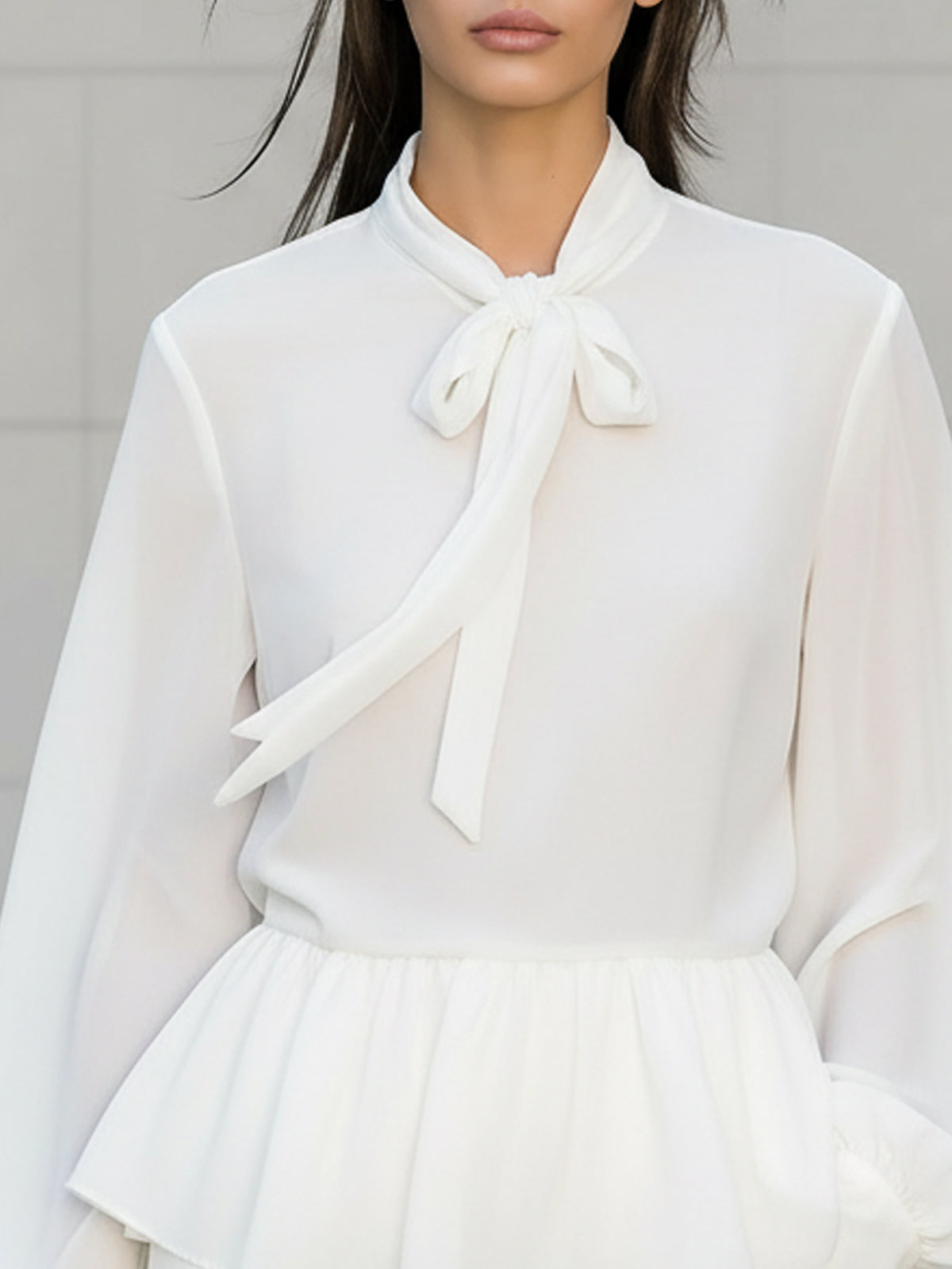 Chic White Chiffon Blouse with Stand Collar & Ruffle Details