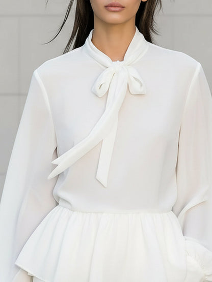 Chic White Chiffon Blouse with Stand Collar & Ruffle Details