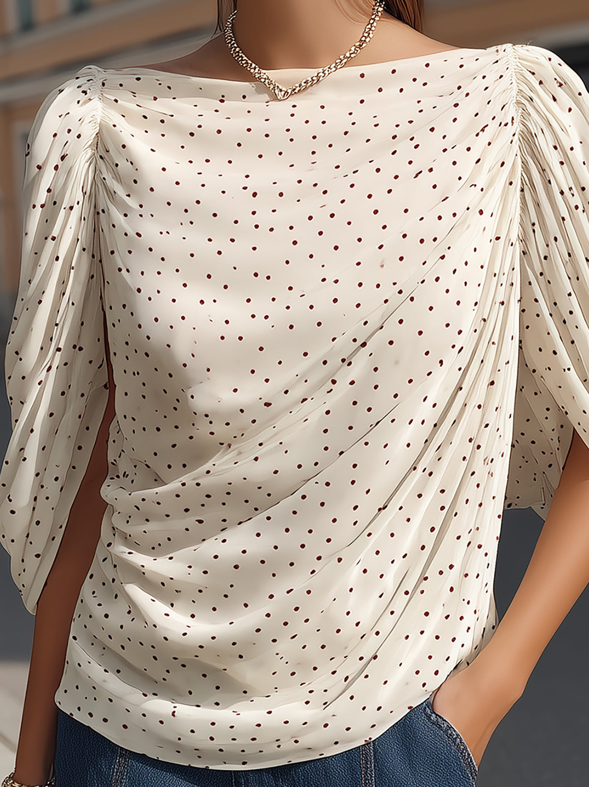 Cream Polka Dot Blouse with Flowy Dolman Sleeves