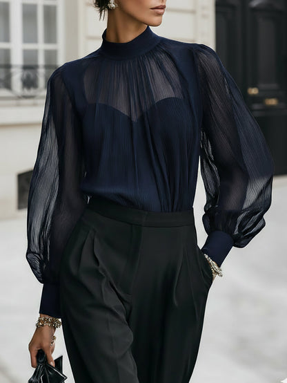 Navy Blue Sheer Chiffon Blouse & Cami Set - Elegant Look