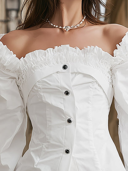 Elegant White Off-Shoulder Blouse with Layered Ruffle Trim