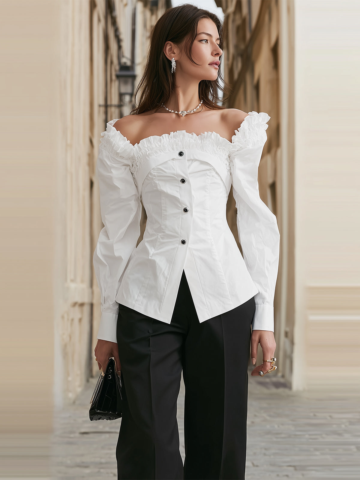 Elegant White Off-Shoulder Blouse with Layered Ruffle Trim
