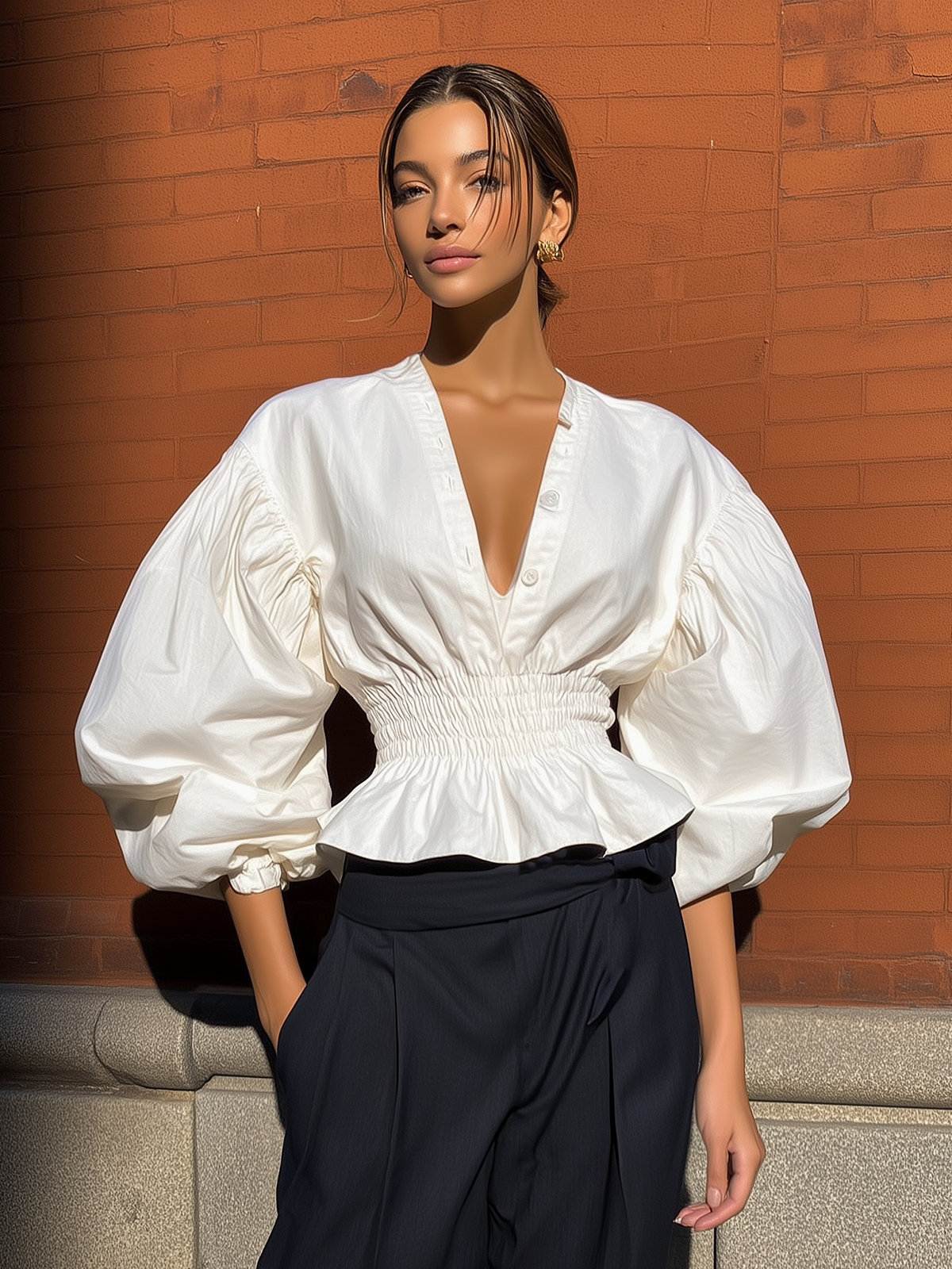 Elegant White V-Neck Blouse with Voluminous Puff Sleeves