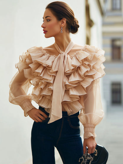 Beige Ruffle Chiffon Blouse - Chic V-Neck Design