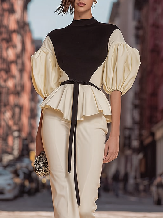 Contrast Mock Neck Blouse with Stylish Peplum Hem