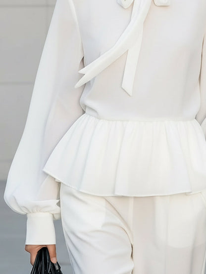 Chic White Chiffon Blouse with Stand Collar & Ruffle Details