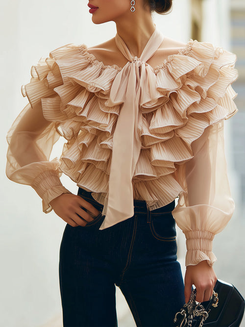 Beige Ruffle Chiffon Blouse - Chic V-Neck Design