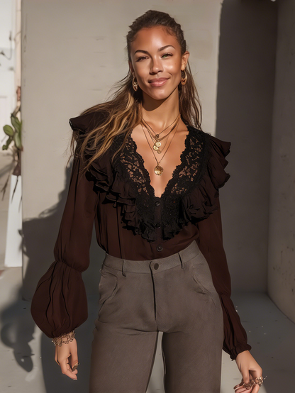 Brown V-Neck Blouse - Elegant Black Lace & Ruffles
