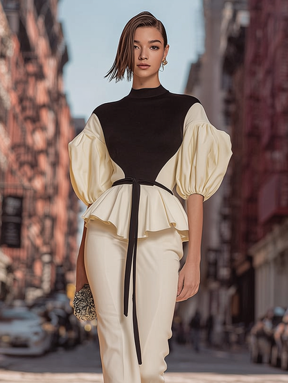 Contrast Mock Neck Blouse with Stylish Peplum Hem