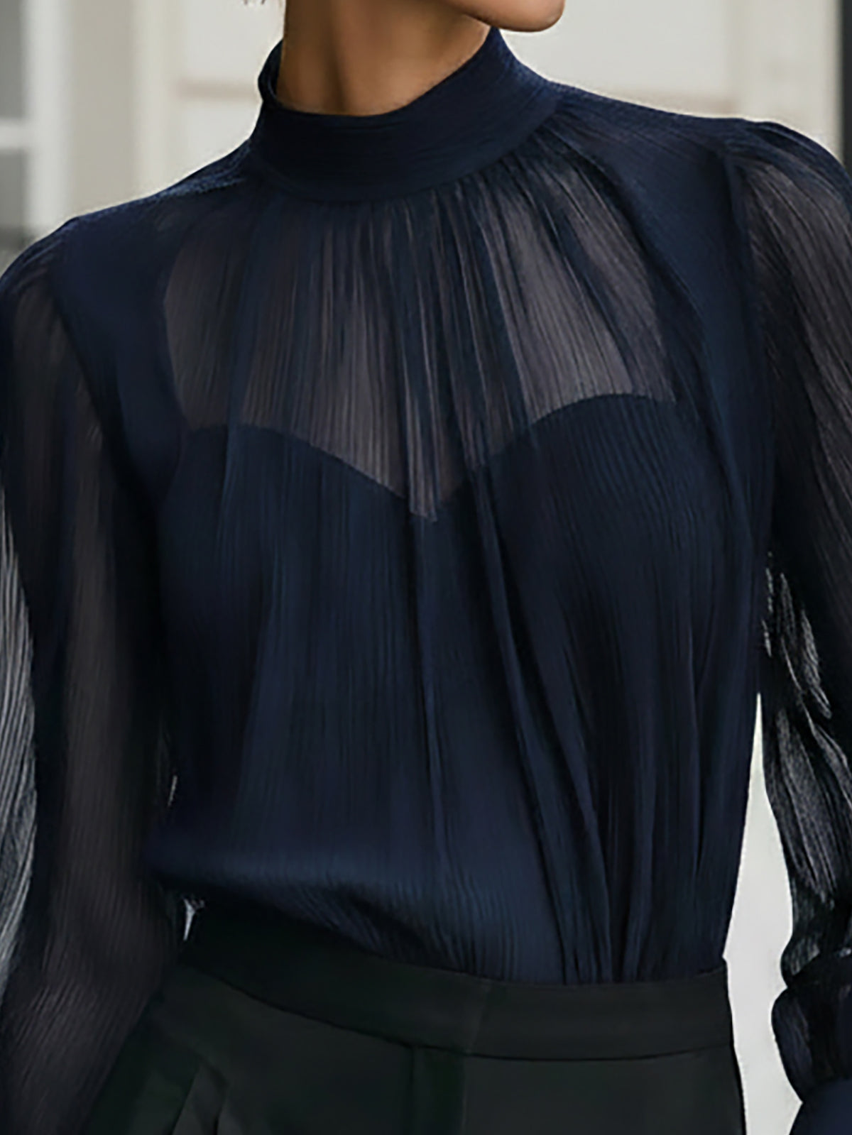 Navy Blue Sheer Chiffon Blouse & Cami Set - Elegant Look