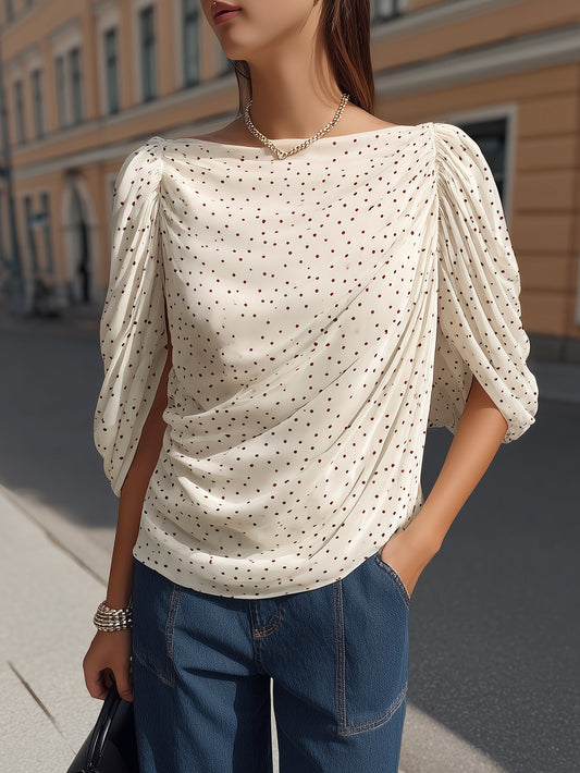 Cream Polka Dot Blouse with Flowy Dolman Sleeves